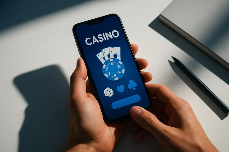 Hands holding phone with casino app above clean white desk