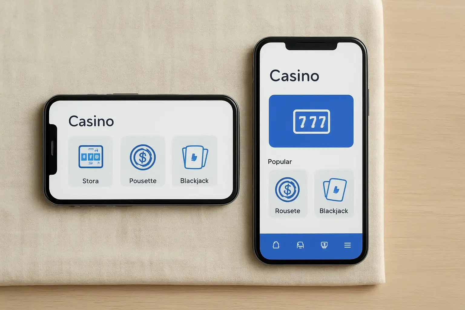 Casino App Mockup Two smartphones displaying a clean light casino app on white surface
