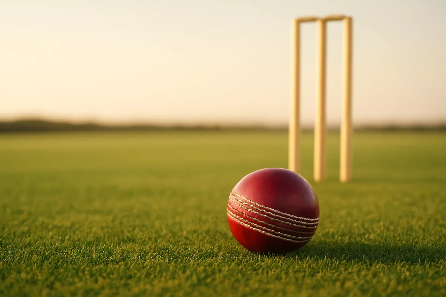 Red cricket ball on mown grass with stumps at dusk