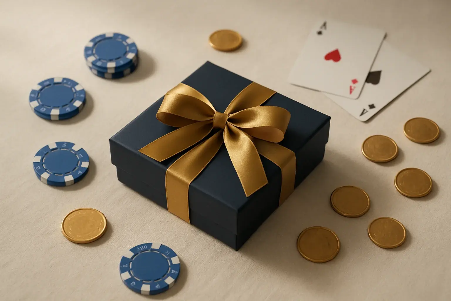 Premium gift box with casino chips, cards, and gold coins