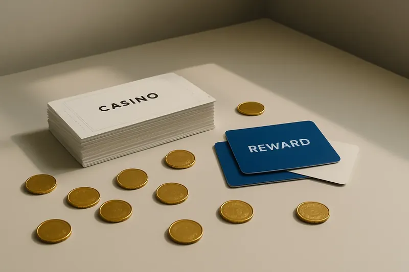 Stack of casino bonus vouchers and reward cards with gold coins