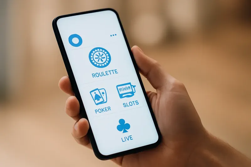 Hand holding smartphone with clean light-themed casino interface