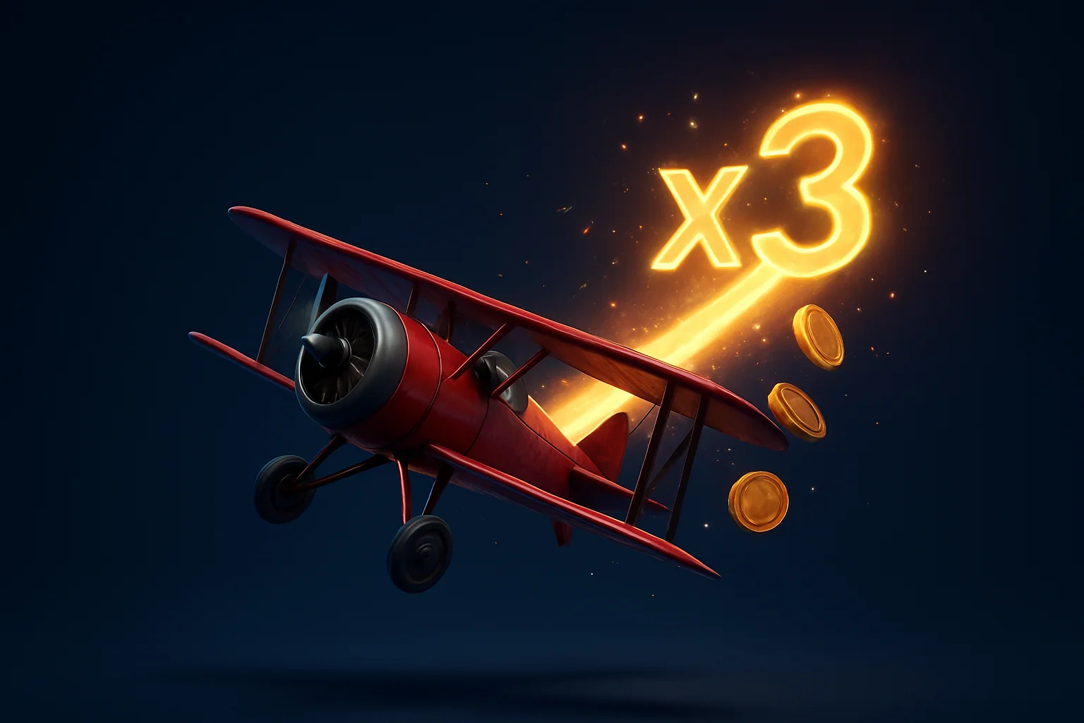 Red airplane climbing with glowing multiplier trail, coins, and sparks