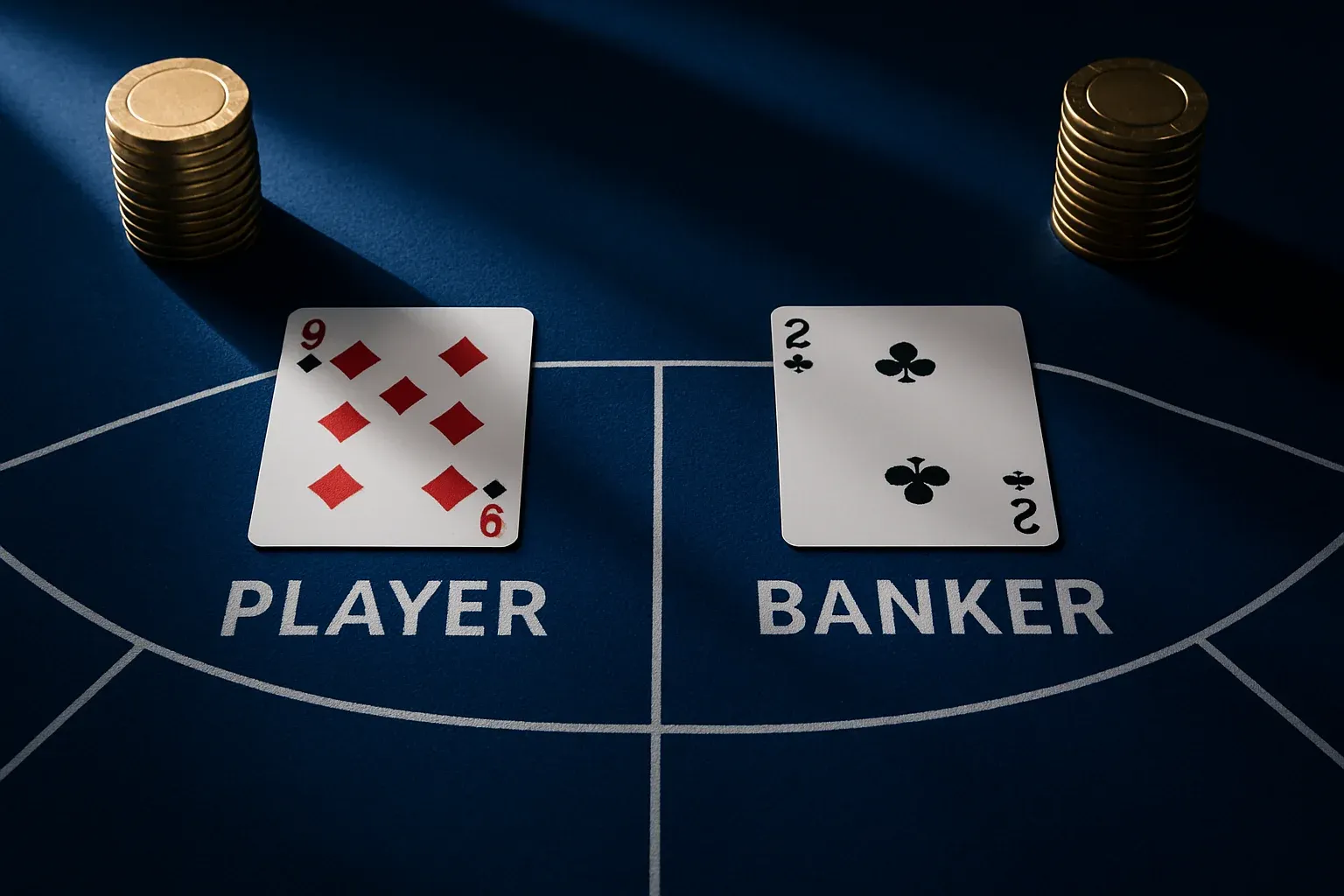 Overhead live baccarat table with gold chip towers and geometric shadows