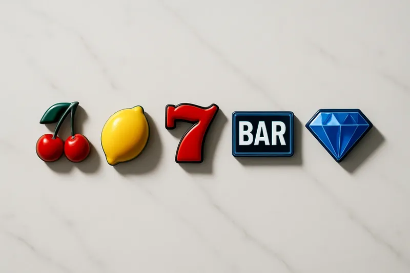 Five polished slot symbols in a neat row on white marble