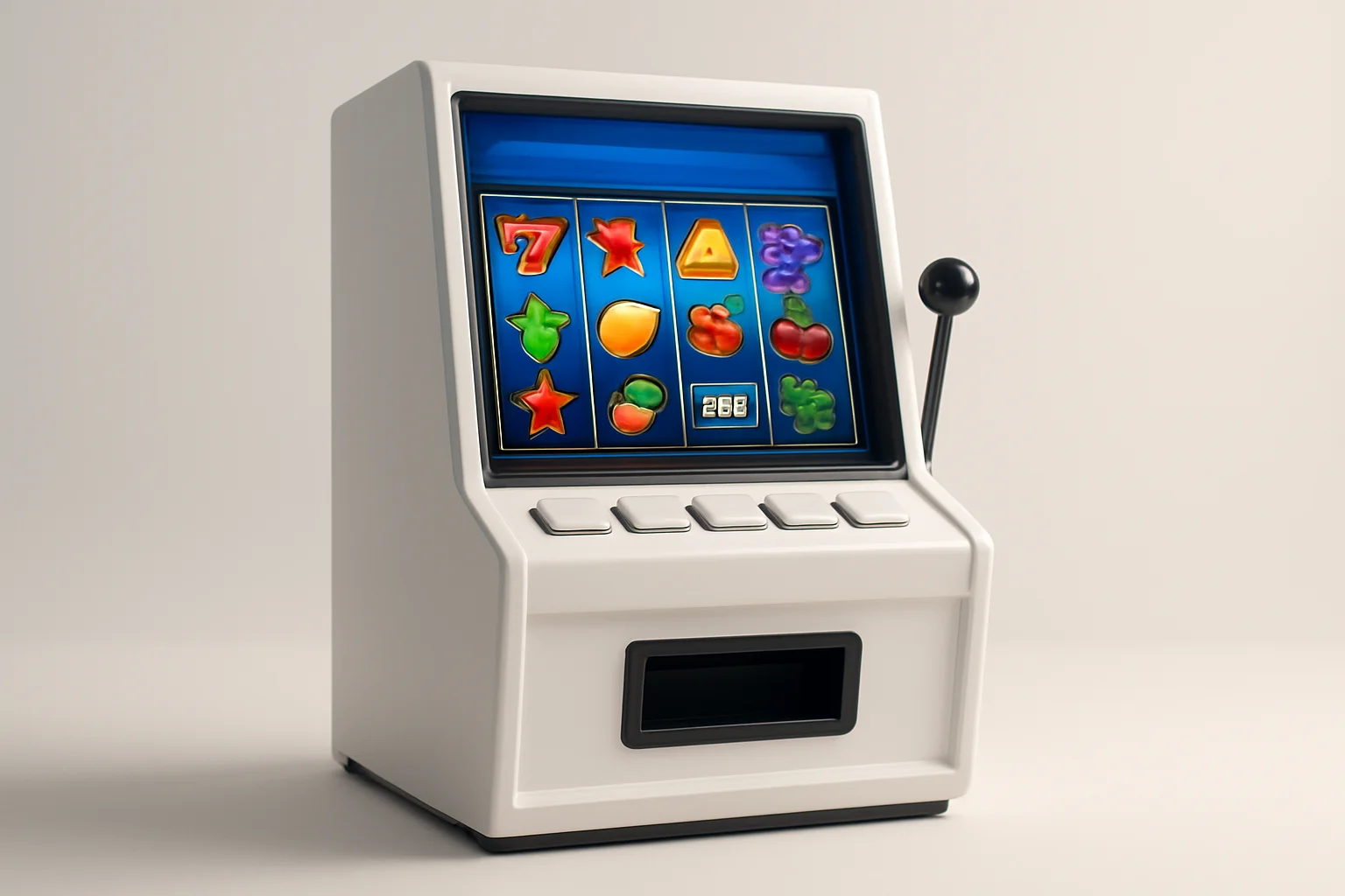 Studio Slot Terminal White studio shot of angled slot machine with vibrant game screen